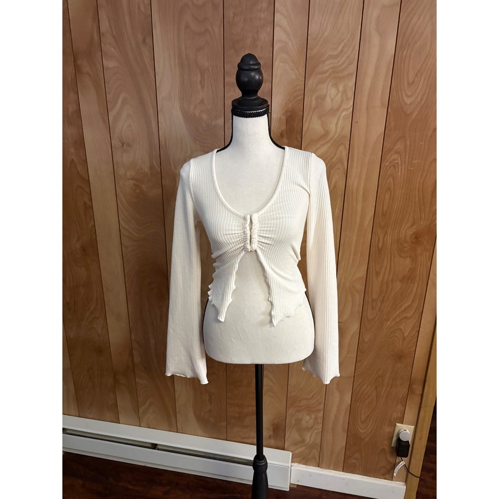 H&M Divided White Ribbed Long Sleeve Cinched Front Crop Top XS NWT